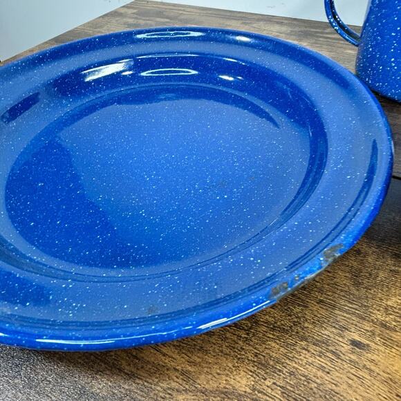 Enamel Ware Blue Speckled Metal Coffee Mug Cup Bowl Plate Cabin Camp Farmhouse - Picture 5 of 13